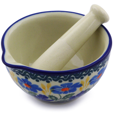 Polish Pottery Mortar and Pestle Small Blue Forget-me-nots