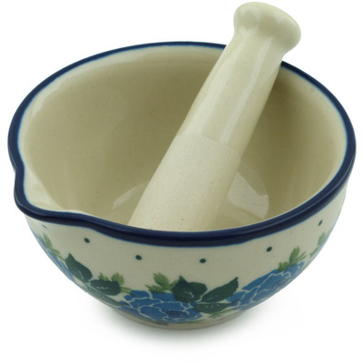 Polish Pottery Mortar and Pestle Small Blue Rose