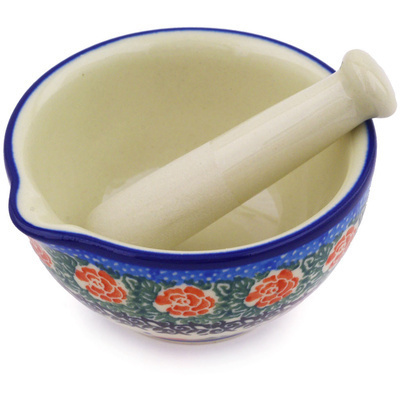 Polish Pottery Mortar and Pestle Small Cabbage Rose Garden