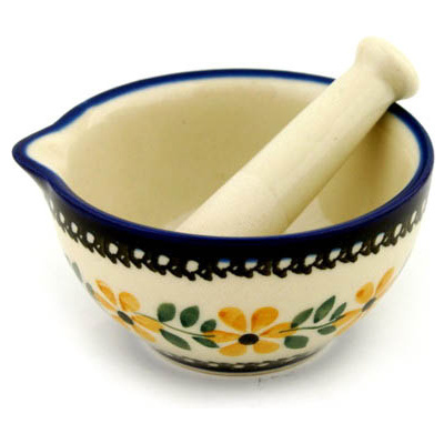 Polish Pottery Mortar and Pestle Small Golden Daisy Swirl