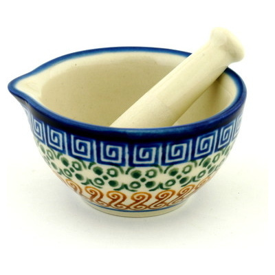 Polish Pottery Mortar and Pestle Small Grecian Sea