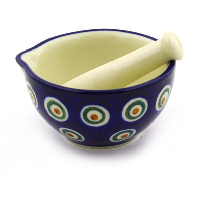 Polish Pottery Mortar and Pestle Small Peacock Leaves