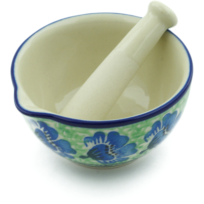 Polish Pottery Mortar and Pestle Small Sweet Pea Flower UNIKAT