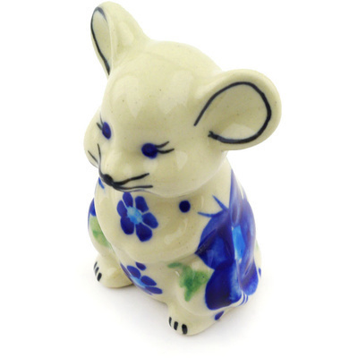 Polish Pottery Mouse Figurine 3&quot; Bleu-belle Fleur