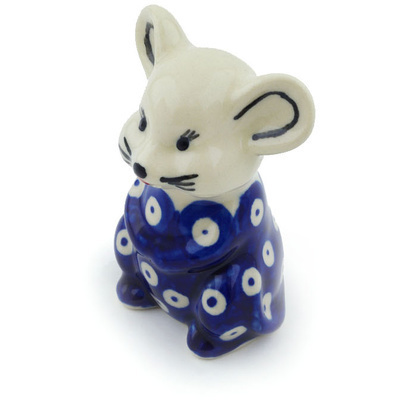 Polish Pottery Mouse Figurine 3&quot; Blue Eyed Peacock