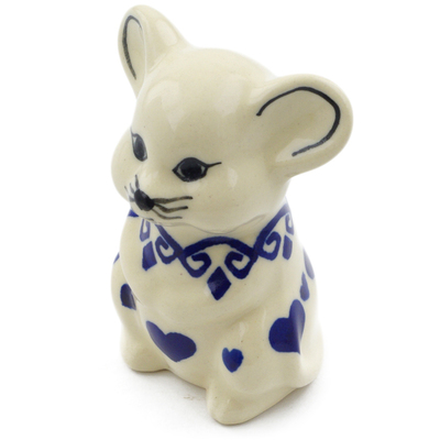 Polish Pottery Mouse Figurine 3&quot; Blue Valentine Hearts
