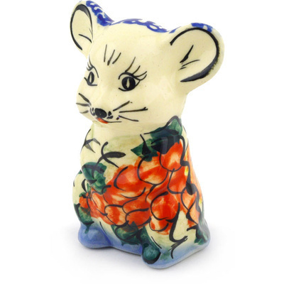 Polish Pottery Mouse Figurine 3&quot; Colorful Bouquet UNIKAT