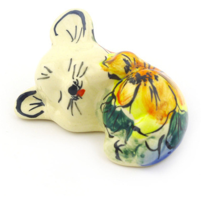 Polish Pottery Mouse Figurine 3&quot; Colorful Bouquet UNIKAT