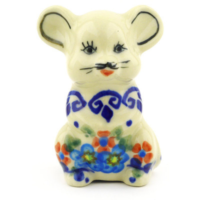 Polish Pottery Mouse Figurine 3&quot; Hearts And Flowers
