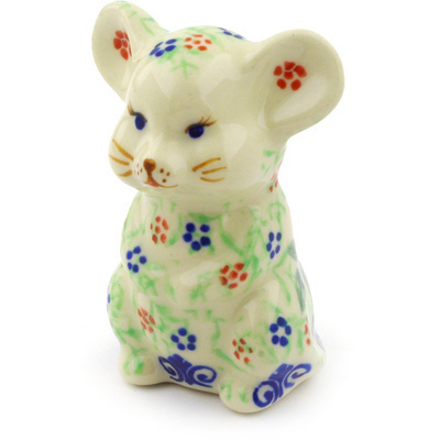 Polish Pottery Mouse Figurine 3&quot; Snow Coral Zinnias UNIKAT