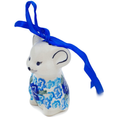 Polish Pottery Mouse Ornament 3&quot; Blue Kiss Blooms