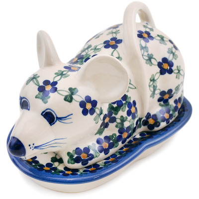 Polish Pottery Mouse Shaped Butter Dish Blue Vines UNIKAT