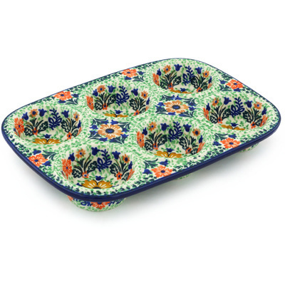 Polish Pottery Muffin Pan 11&quot; Autumn Splendor UNIKAT