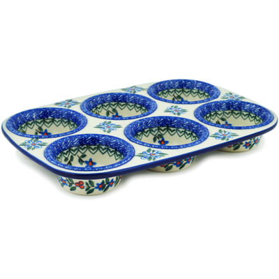 Polish Pottery Muffin Pan 11&quot; Azure Blooms