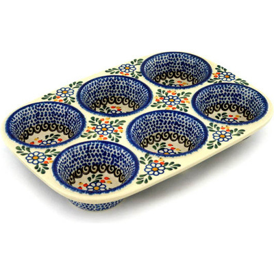 Polish Pottery Muffin Pan 11&quot; Berries And Daisies