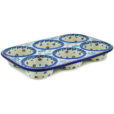 Polish Pottery Muffin Pan 11&quot; Blooming Blues