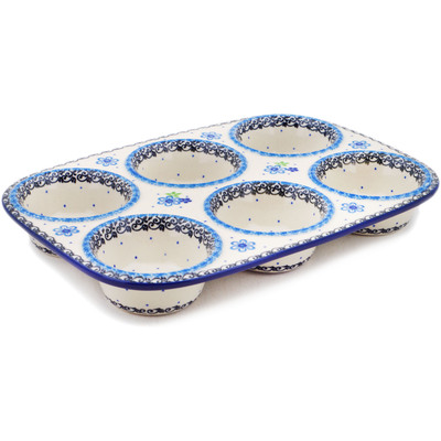 Polish Pottery Muffin Pan 11&quot; Blue And Green Flower Dream