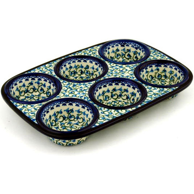 Polish Pottery Muffin Pan 11&quot; Blue Bell Vine