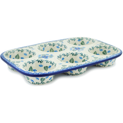 Polish Pottery Muffin Pan 11&quot; Blue Blossom