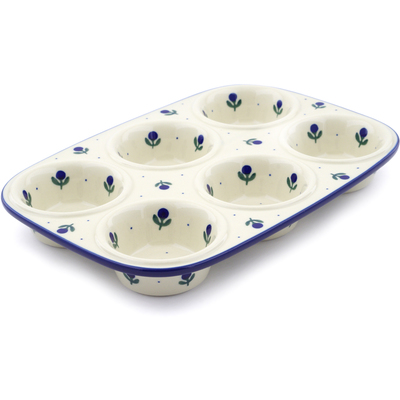Polish Pottery Muffin Pan 11&quot; Blue Buds
