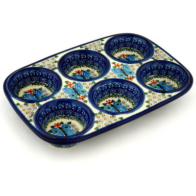 Polish Pottery Muffin Pan 11&quot; Blue Butterfly Brigade UNIKAT