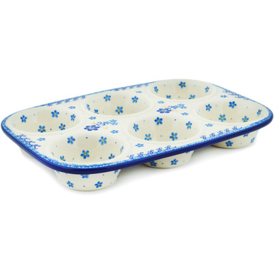 Polish Pottery Muffin Pan 11&quot; Blue Daydreaming