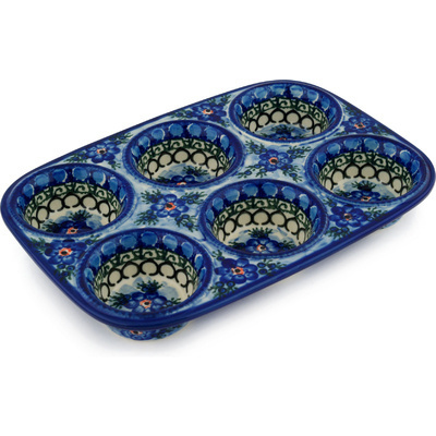 Polish Pottery Muffin Pan 11&quot; Blue Delight UNIKAT