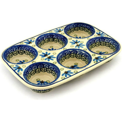 Polish Pottery Muffin Pan 11&quot; Blue Fan Flowers
