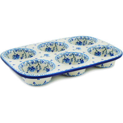 Polish Pottery Muffin Pan 11&quot; Blue Grapevine