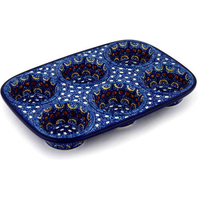 Polish Pottery Muffin Pan 11&quot; Blue Horizons
