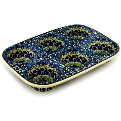 Polish Pottery Muffin Pan 11&quot; Blue Passion