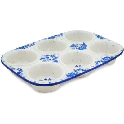Polish Pottery Muffin Pan 11&quot; Blue Spring Blue