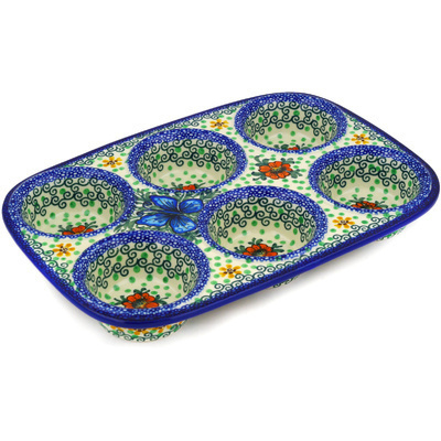 Polish Pottery Muffin Pan 11&quot; Butterfly Holly UNIKAT
