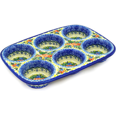 Polish Pottery Muffin Pan 11&quot; Butterfly Meadow UNIKAT