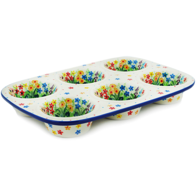 Polish Pottery Muffin Pan 11&quot; Colors Of The Wind UNIKAT
