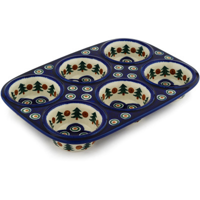 Polish Pottery Muffin Pan 11&quot; Cranberries And Evergree