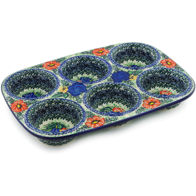 Polish Pottery Muffin Pan 11&quot; Divine Meadow UNIKAT