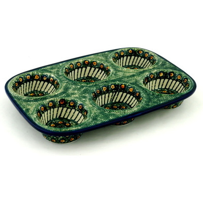 Polish Pottery Muffin Pan 11&quot; Emerald Peacock
