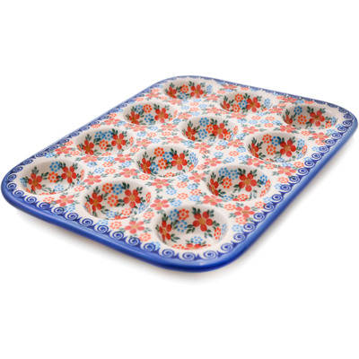 Polish Pottery Muffin Pan 11&quot; Floral Frenzy