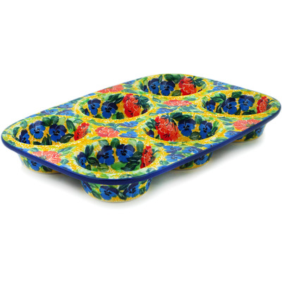 Polish Pottery Muffin Pan 11&quot; Flowers Collected On A Sunny Day UNIKAT