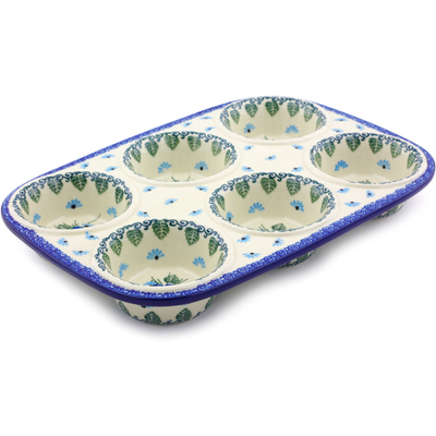 Polish Pottery Muffin Pan 11&quot; Forget Me Not UNIKAT
