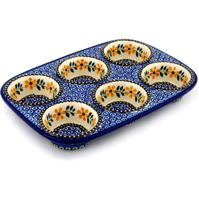 Polish Pottery Muffin Pan 11&quot; Golden Daisy Swirl