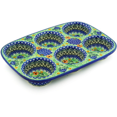 Polish Pottery Muffin Pan 11&quot; Grape Hyacinth UNIKAT