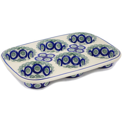 Polish Pottery Muffin Pan 11&quot; Green Peacock Swirl