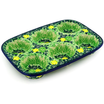 Polish Pottery Muffin Pan 11&quot; Green Rose Bouquet UNIKAT