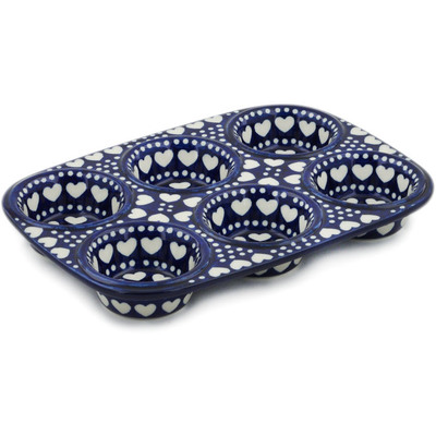 Polish Pottery Muffin Pan 11&quot; Heart To Heart