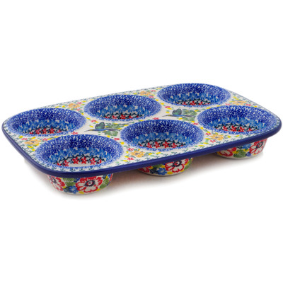 Polish Pottery Muffin Pan 11&quot; Hummingbird Meadow UNIKAT