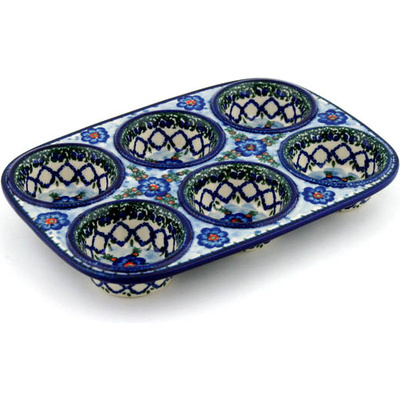 Polish Pottery Muffin Pan 11&quot; Latice Daisy UNIKAT