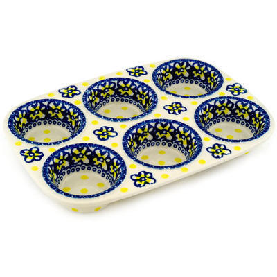 Polish Pottery Muffin Pan 11&quot; Lemon Polka