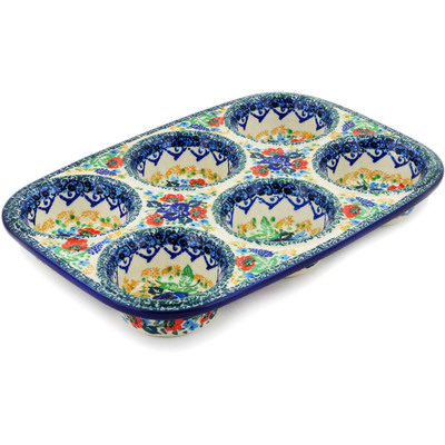 Polish Pottery Muffin Pan 11&quot; Lupines And Roses UNIKAT